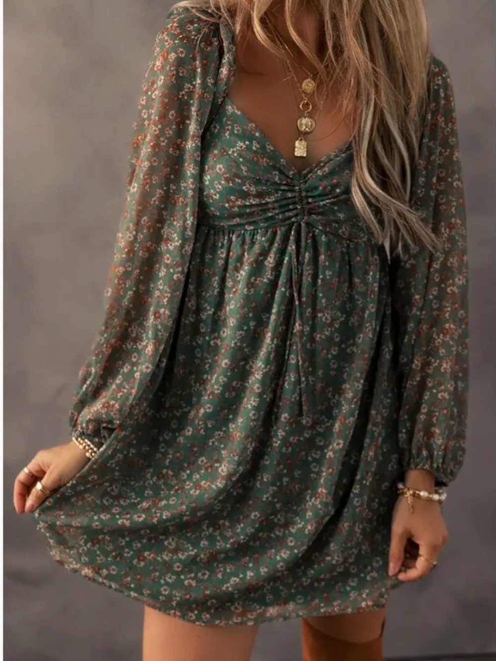Floral Smocked Empire Waist Mini Dress - Green